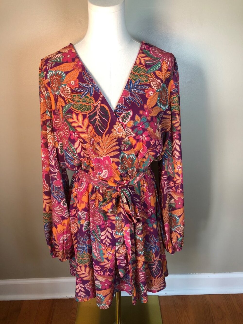 NWT Baltic Born Newark Faux Wrap Mini Dress Purple Multi Floral Sz XL Boho Chic